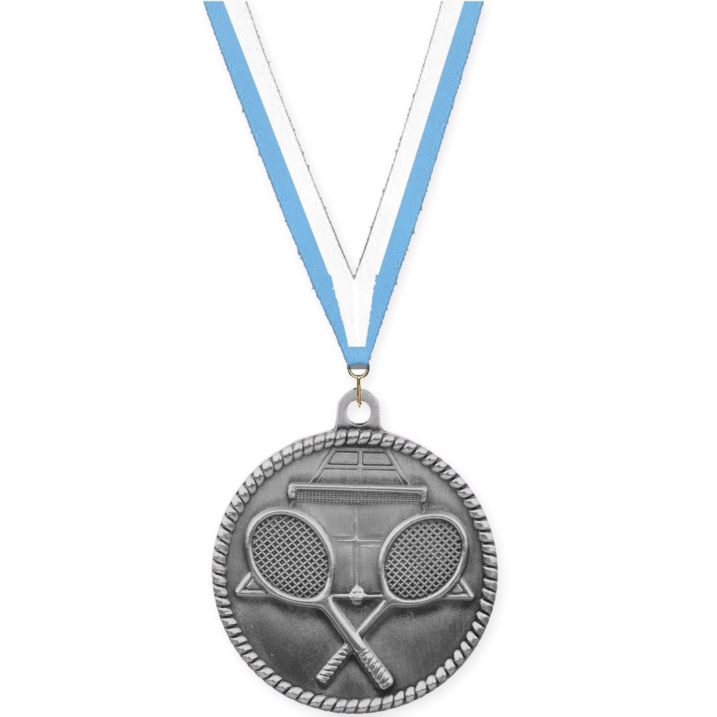 2 inch tennis High Relief medal in antique silver with Light Blue White neck ribbon