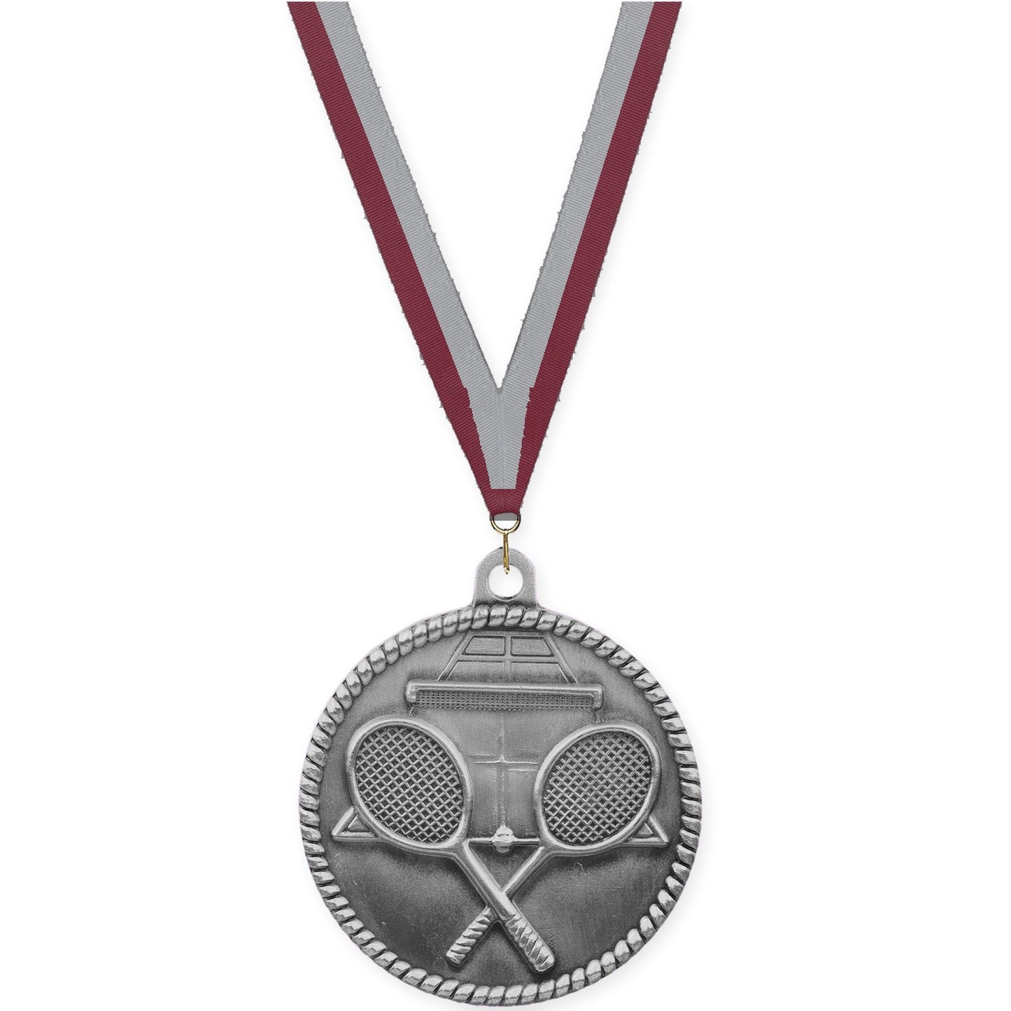 2 inch tennis High Relief medal in antique silver with Maroon Gray neck ribbon