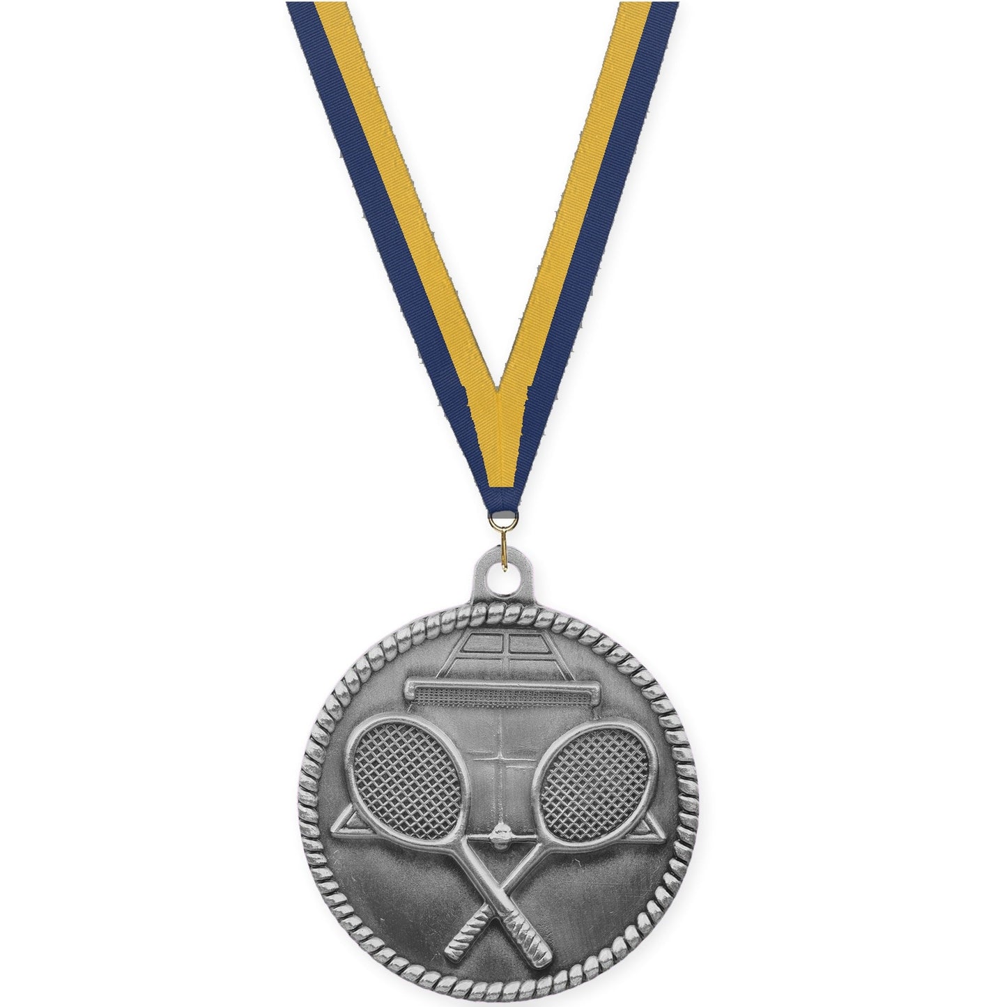 2 inch tennis High Relief medal in antique silver with Navy Gold neck ribbon