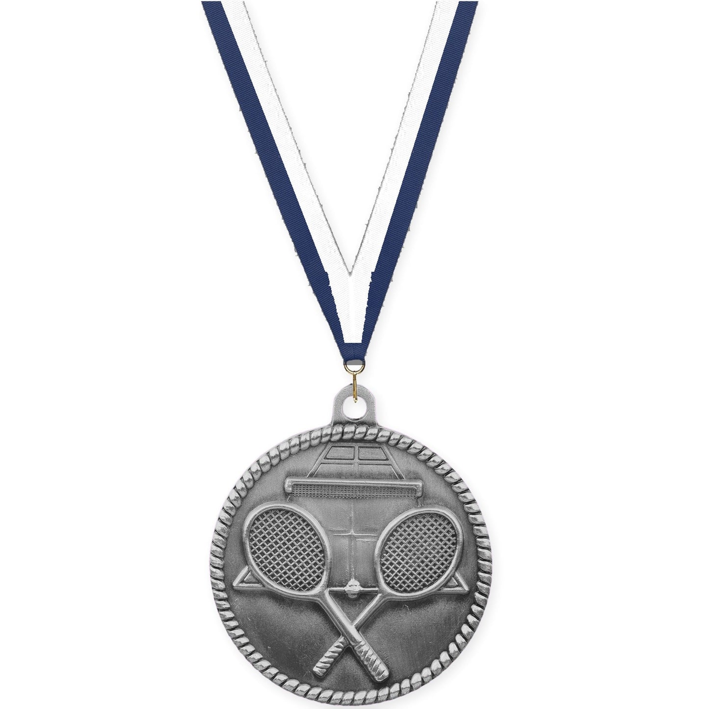 2 inch tennis High Relief medal in antique silver with Navy White neck ribbon