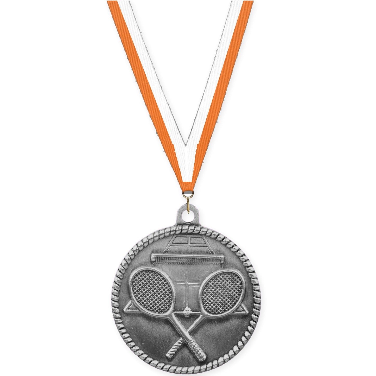 2 inch tennis High Relief medal in antique silver with Orange White neck ribbon