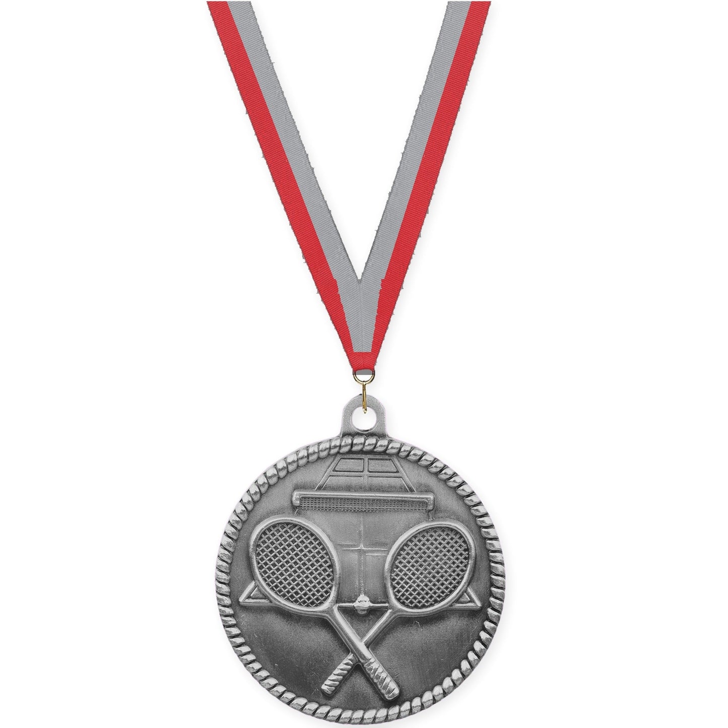 2 inch tennis High Relief medal in antique silver with Red Gray neck ribbon