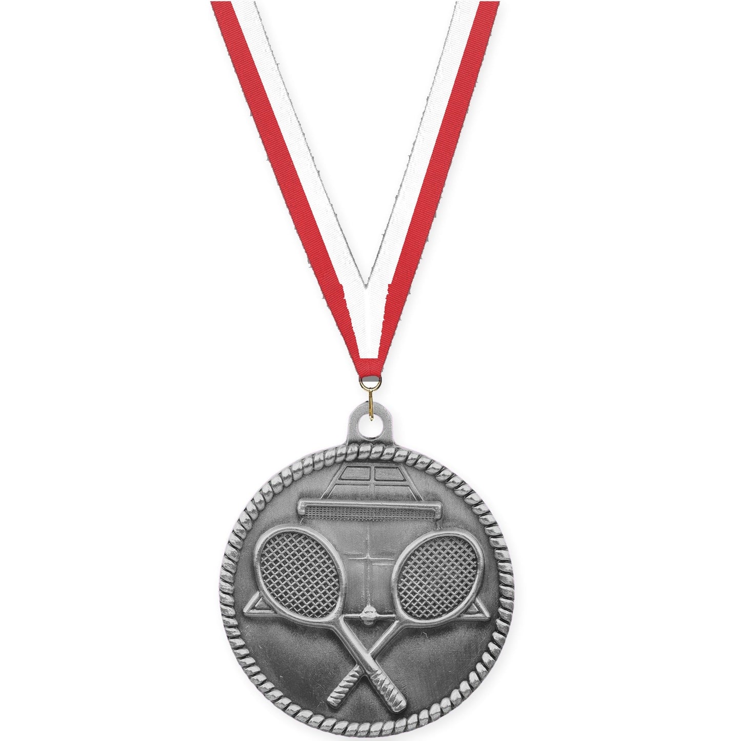 2 inch tennis High Relief medal in antique silver with Red White neck ribbon
