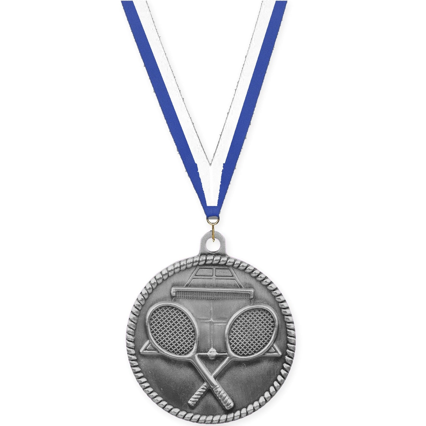 2 inch tennis High Relief medal in antique silver with Blue White neck ribbon