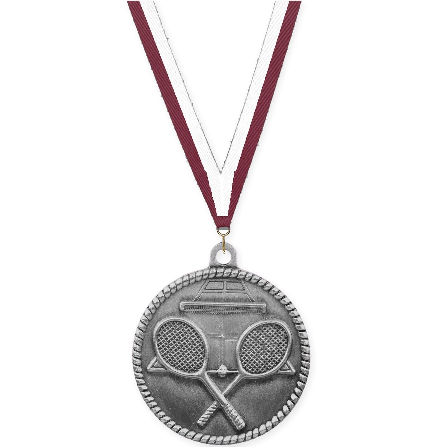 2 inch tennis High Relief medal in antique silver with Maroon White neck ribbon