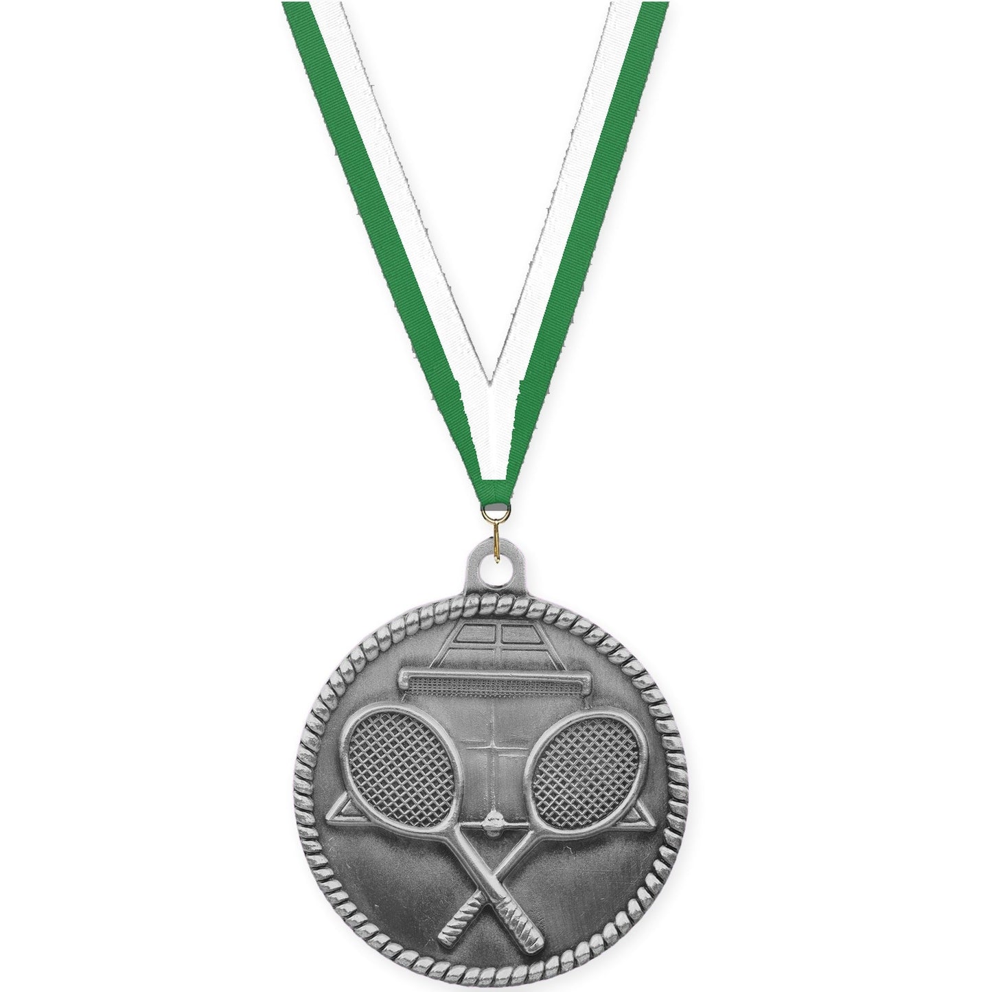 2 inch tennis High Relief medal in antique silver with Green White neck ribbon