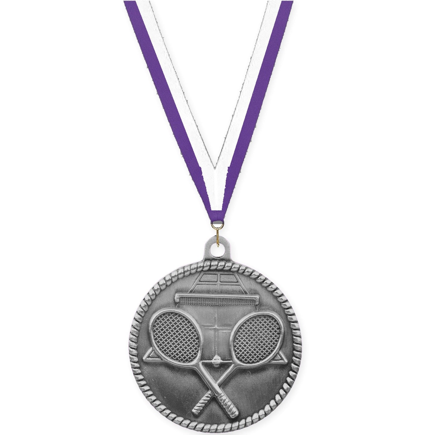 2 inch tennis High Relief medal in antique silver with Purple White neck ribbon