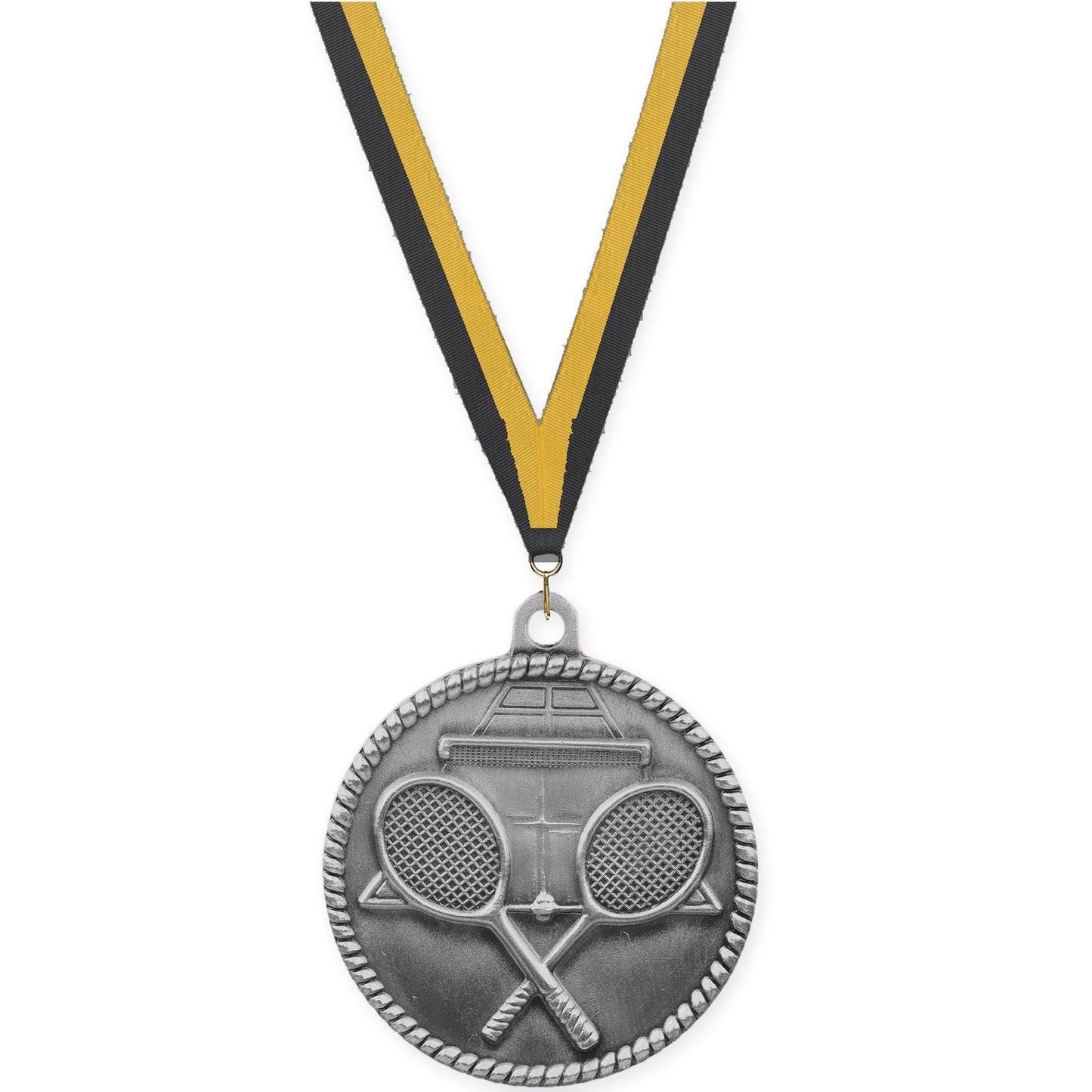 2 inch tennis High Relief medal in antique silver with Black Gold neck ribbon