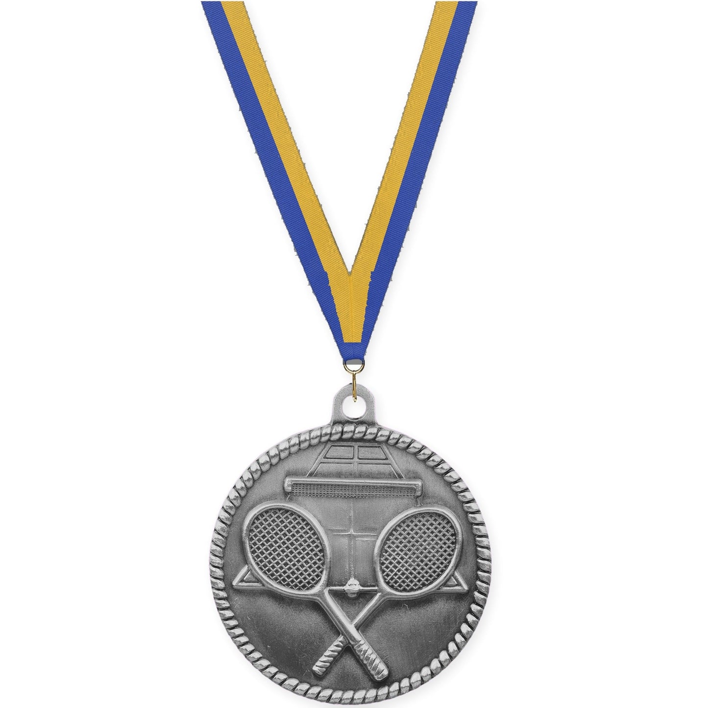 2 inch tennis High Relief medal in antique silver with Blue Gold neck ribbon