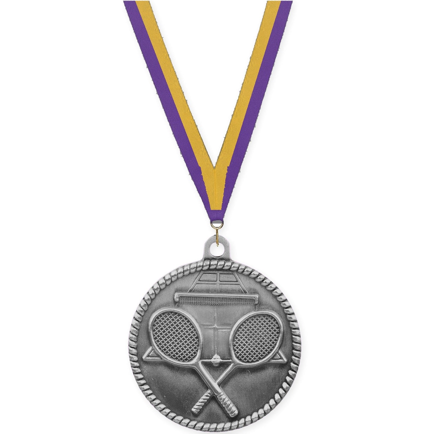 2 inch tennis High Relief medal in antique silver with Purple Gold neck ribbon