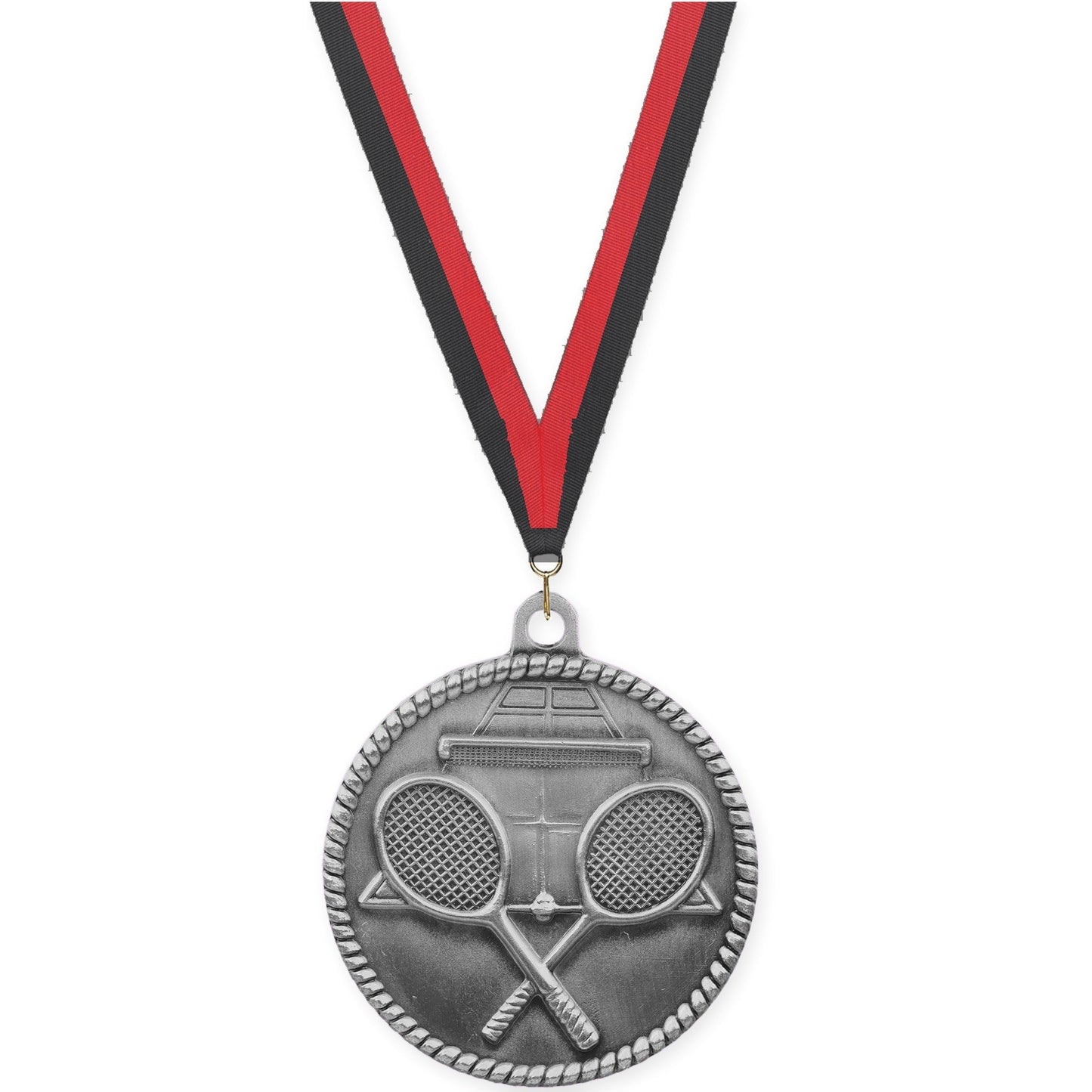 2 inch tennis High Relief medal in antique silver with Black Red neck ribbon