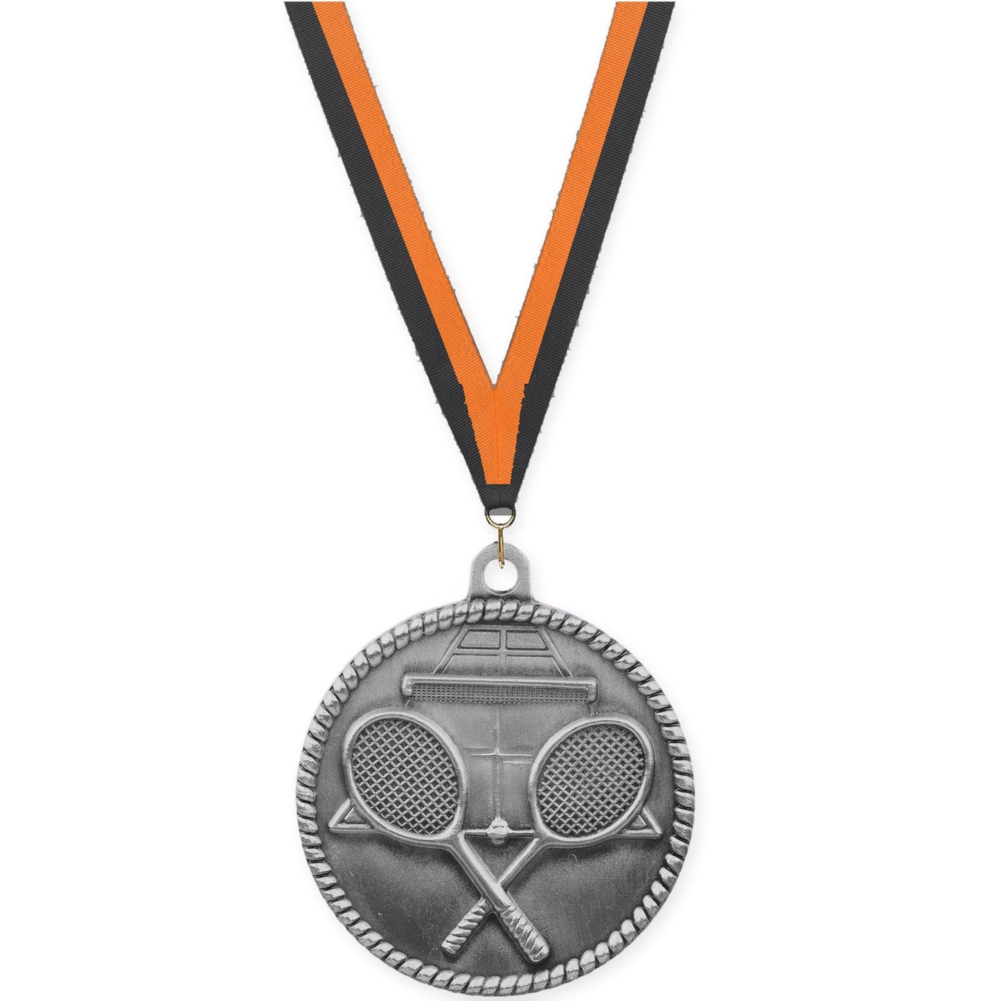2 inch tennis High Relief medal in antique silver with Black Orange neck ribbon