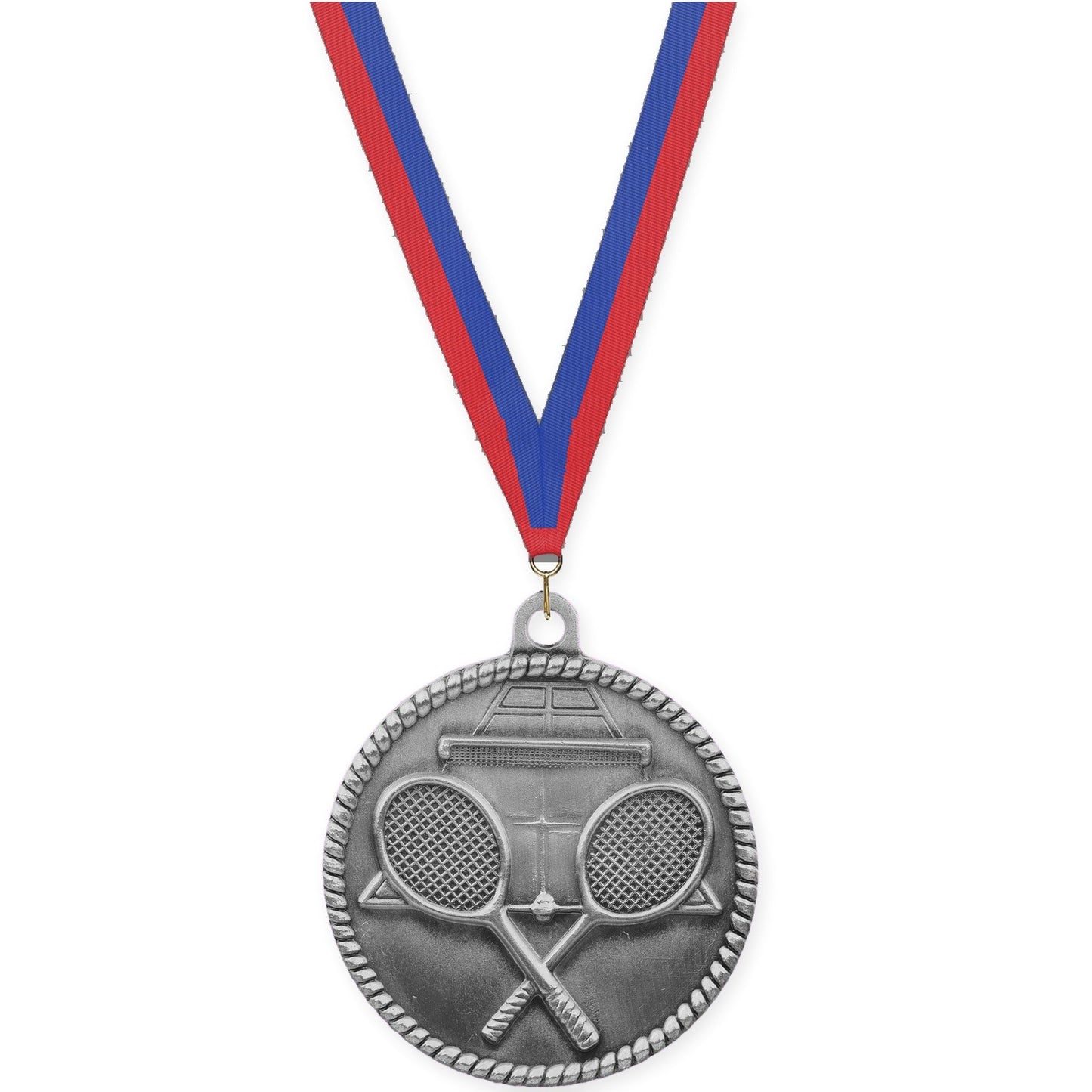 2 inch tennis High Relief medal in antique silver with Blue Red neck ribbon