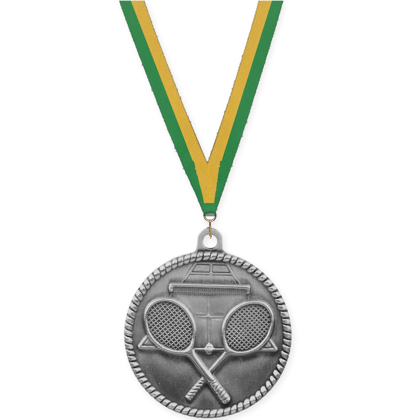 2 inch tennis High Relief medal in antique silver with Green Gold neck ribbon