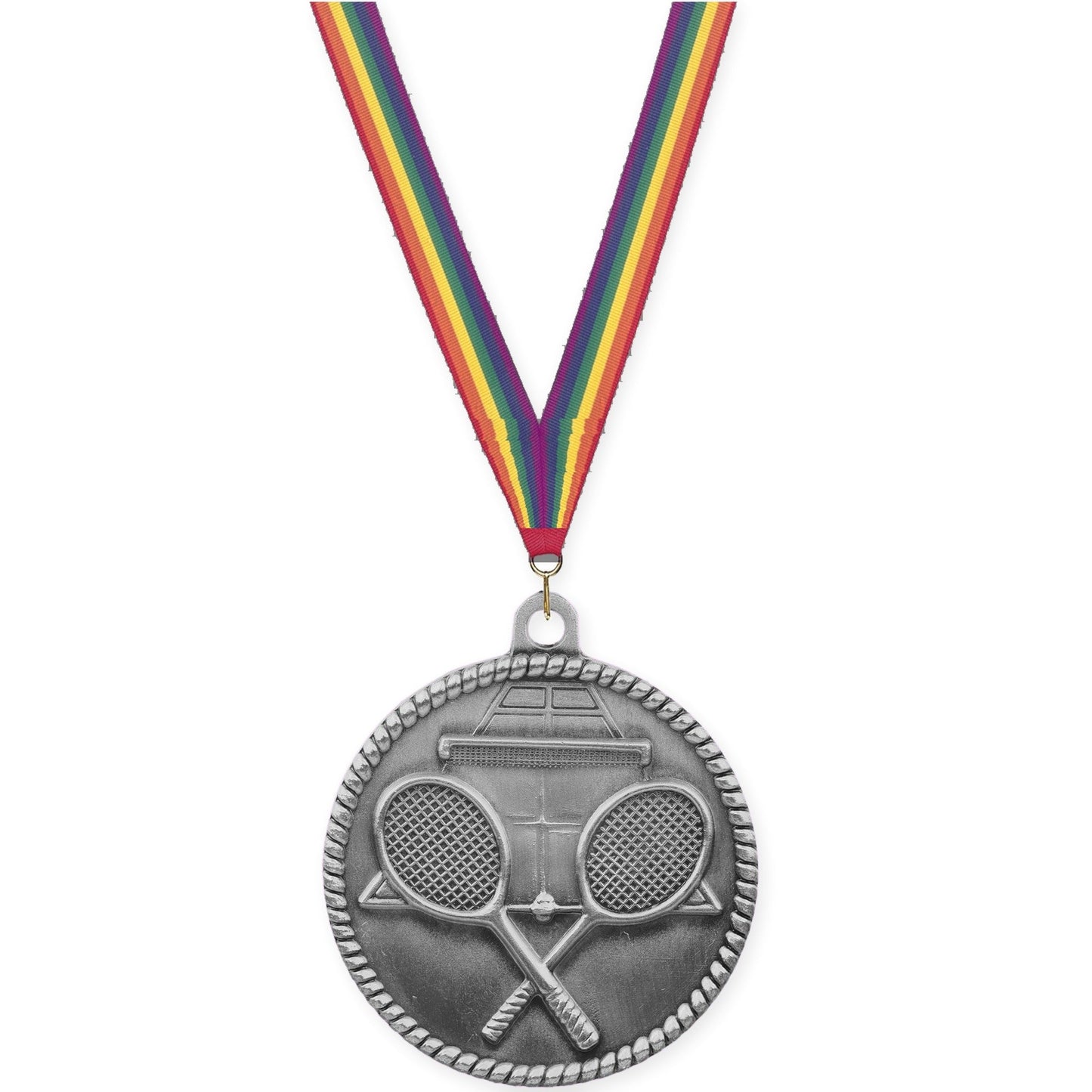 2 inch tennis High Relief medal in antique silver with Rainbow neck ribbon