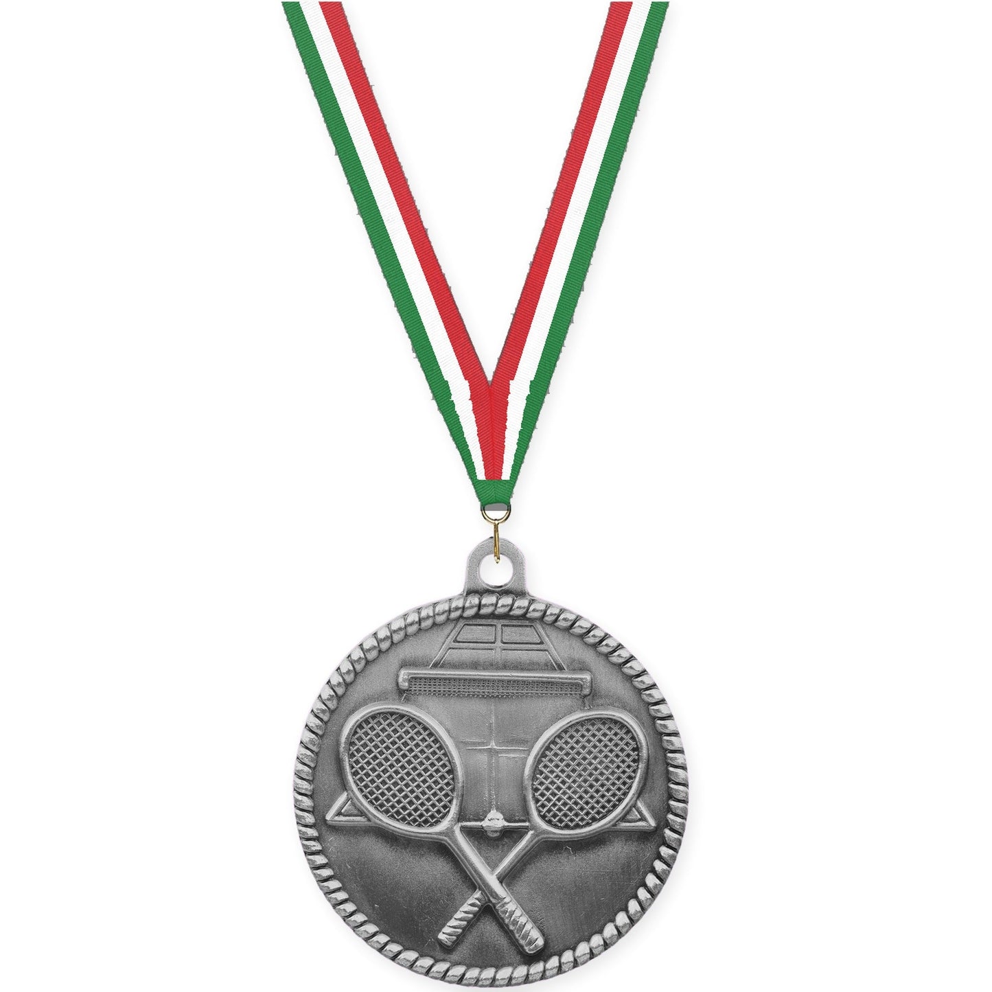 2 inch tennis High Relief medal in antique silver with Green White Red neck ribbon