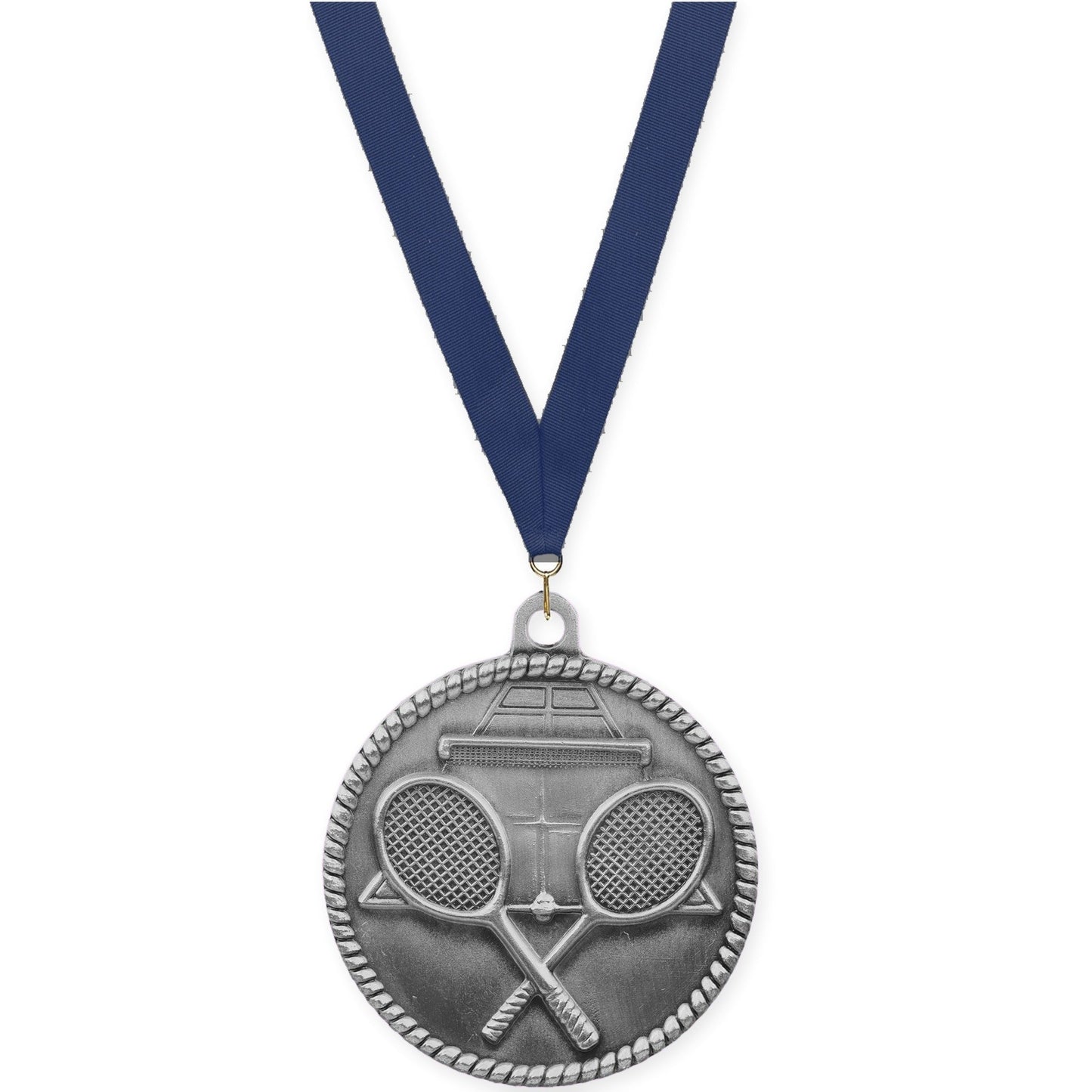 2 inch tennis High Relief medal in antique silver with Navy neck ribbon