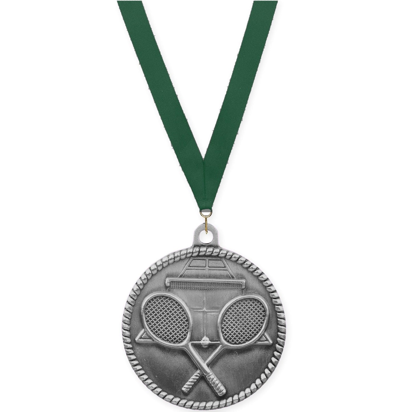 2 inch tennis High Relief medal in antique silver with Hunter Green neck ribbon