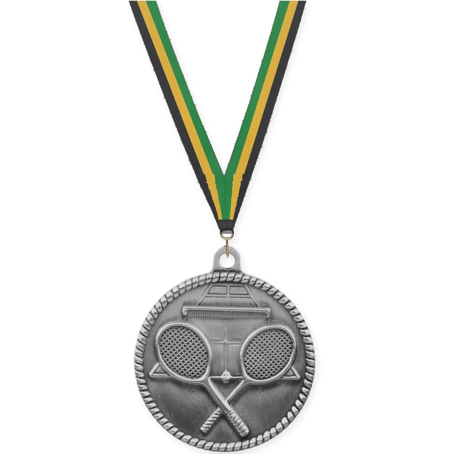 2 inch tennis High Relief medal in antique silver with Black Gold Green neck ribbon