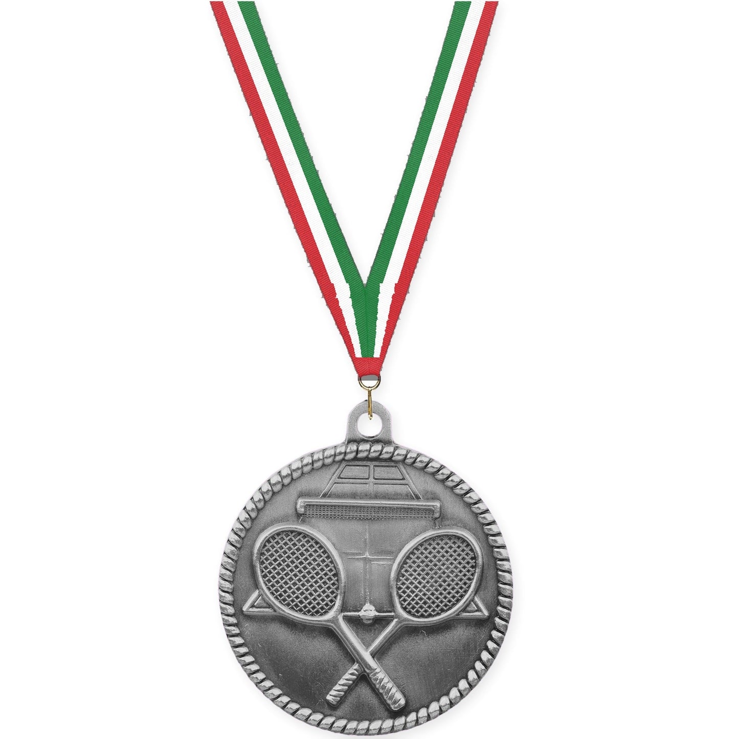2 inch tennis High Relief medal in antique silver with Red White Green neck ribbon