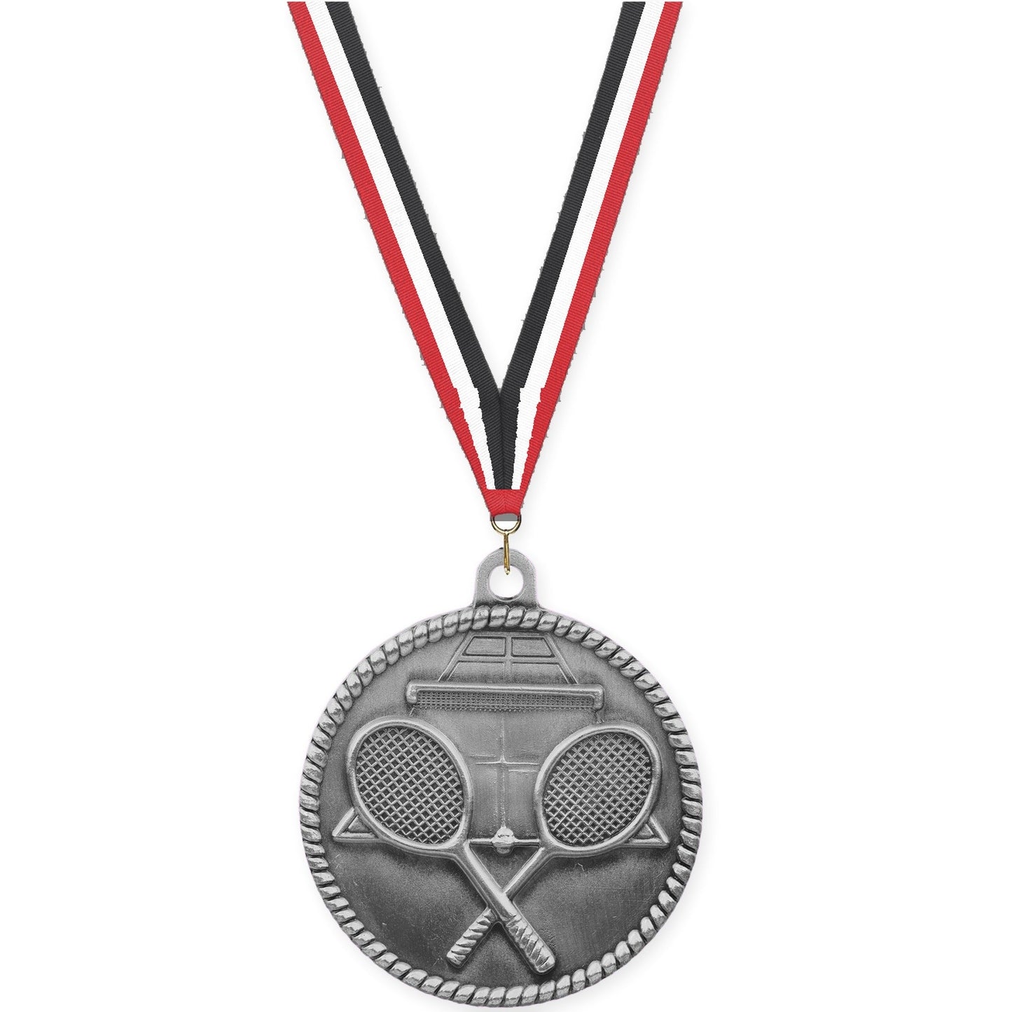 2 inch tennis High Relief medal in antique silver with Red White Black neck ribbon
