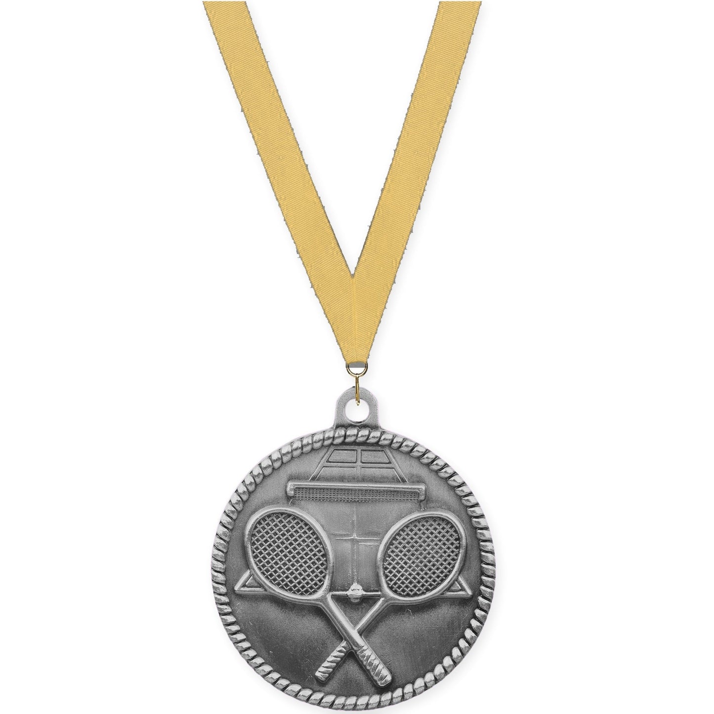 2 inch tennis High Relief medal in antique silver with Gold Metallic neck ribbon