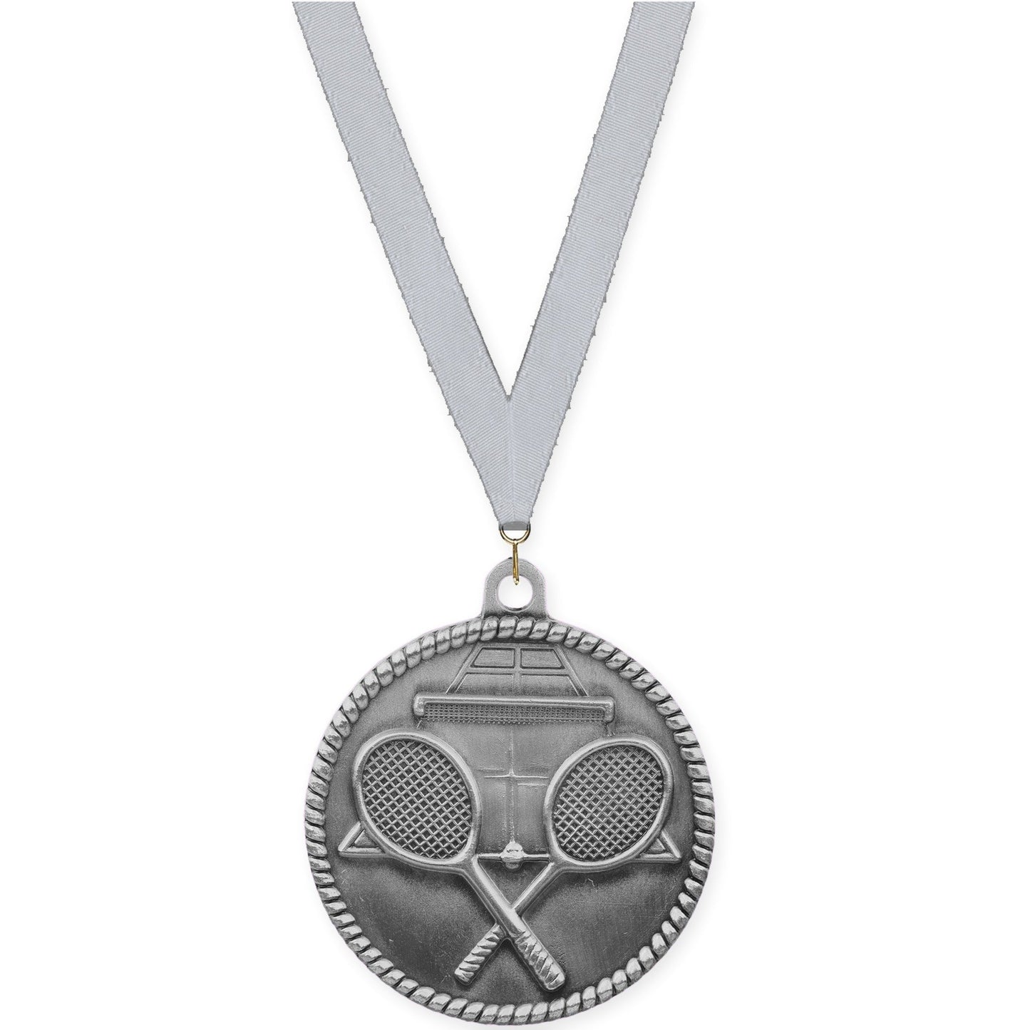 2 inch tennis High Relief medal in antique silver with Silver Metallic neck ribbon