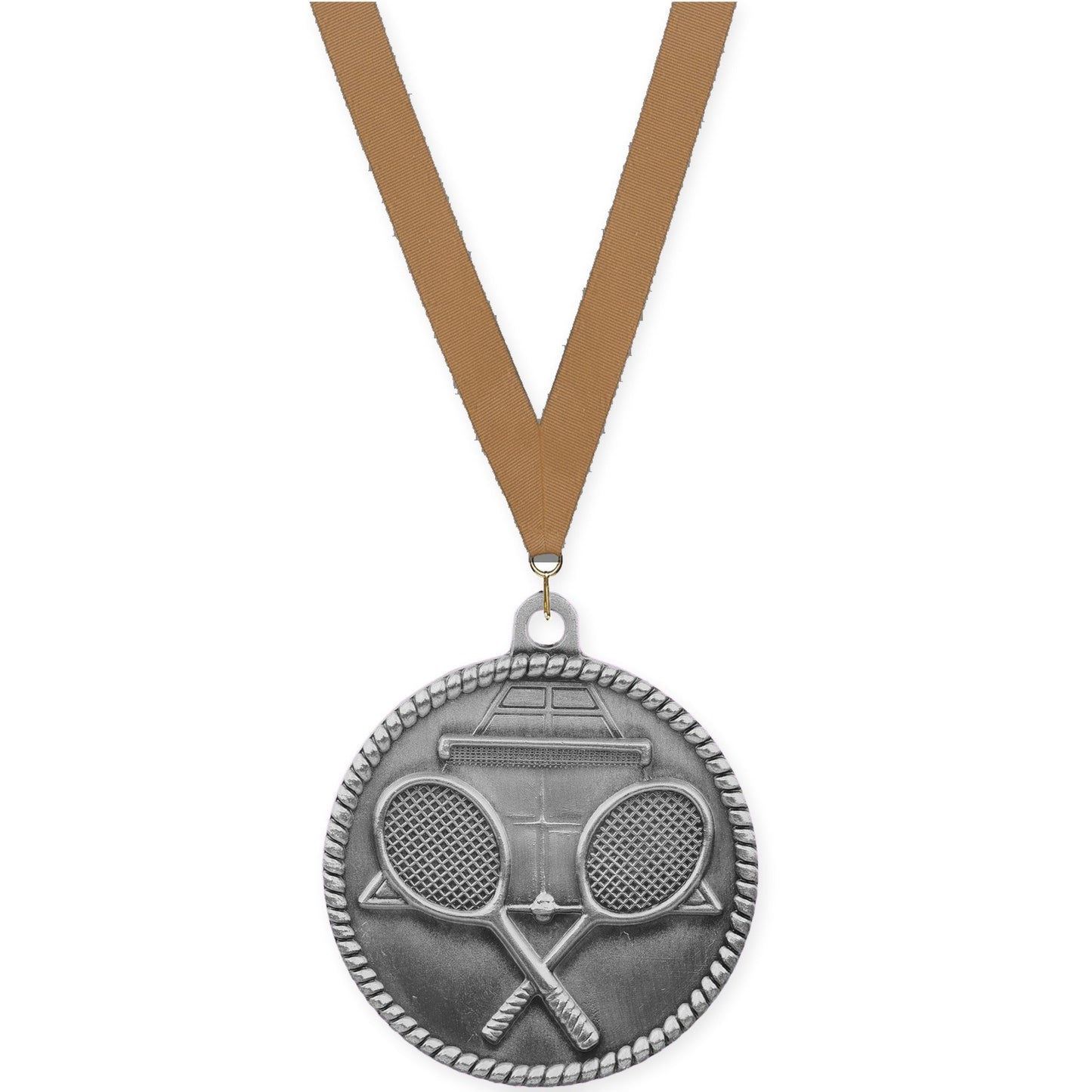 2 inch tennis High Relief medal in antique silver with Bronze Metallic neck ribbon