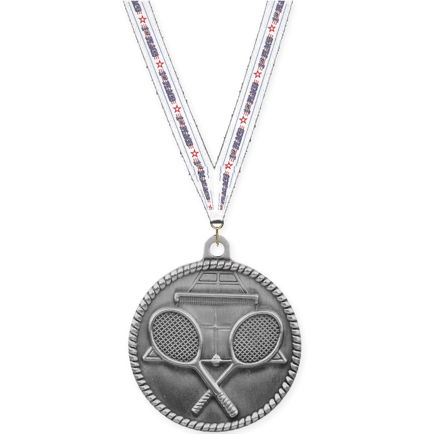 2 inch tennis High Relief medal in antique silver with 1st Place neck ribbon