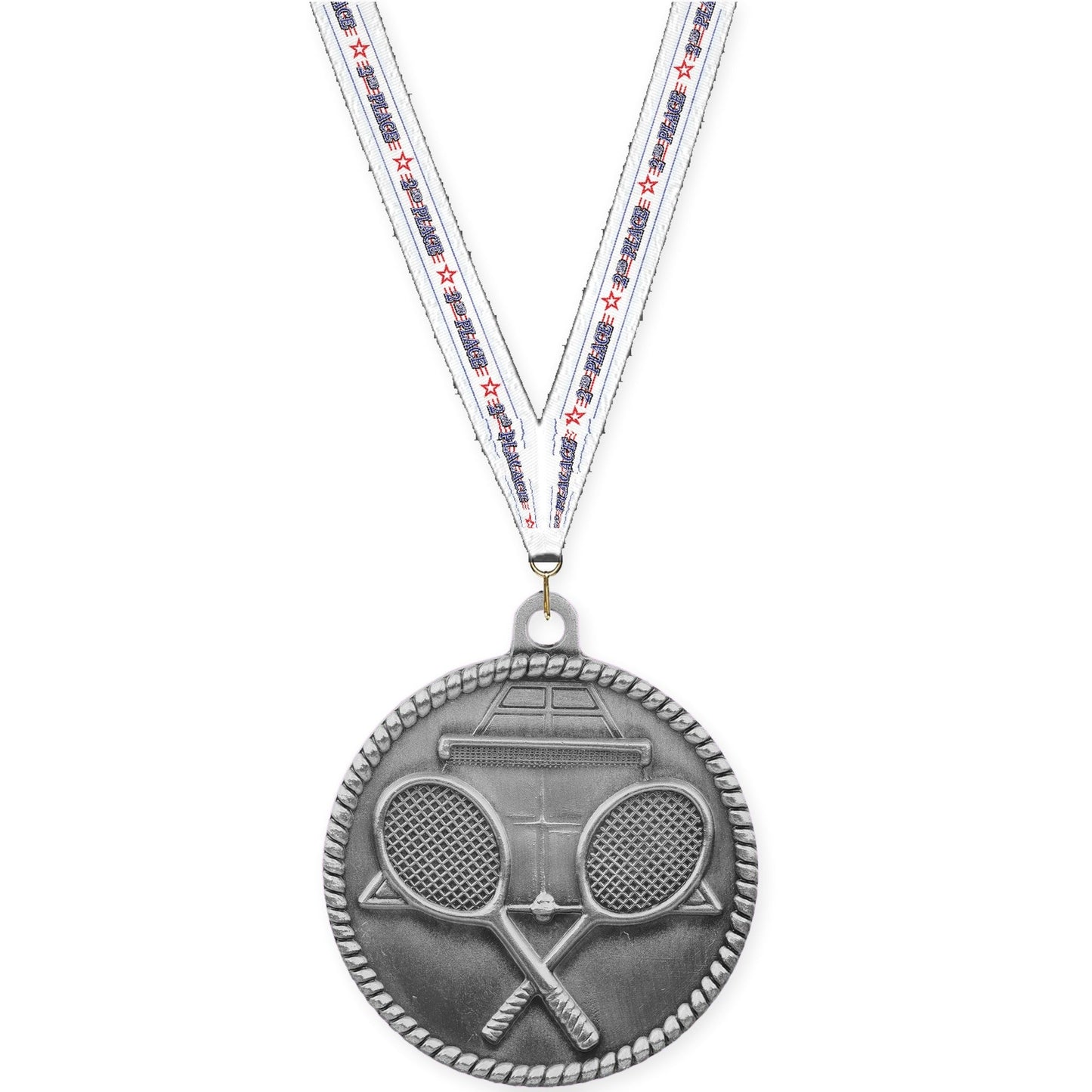 2 inch tennis High Relief medal in antique silver with 2nd Place neck ribbon