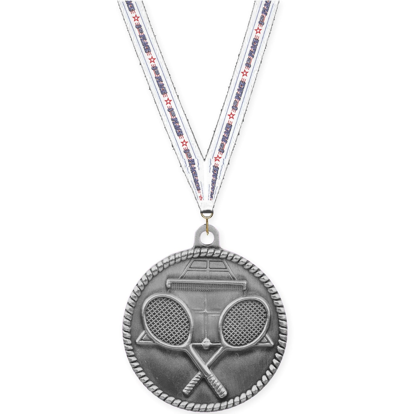 2 inch tennis High Relief medal in antique silver with 3rd Place neck ribbon