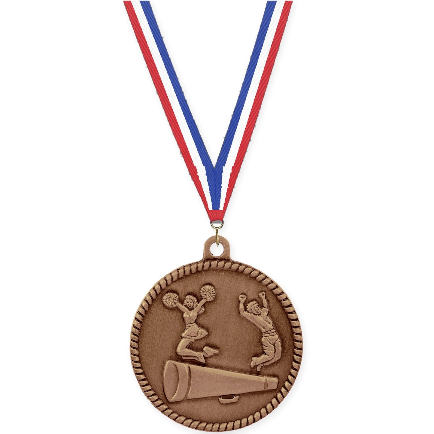 2 inch cheerleading High Relief medal in antique bronze with Red White Blue neck ribbon