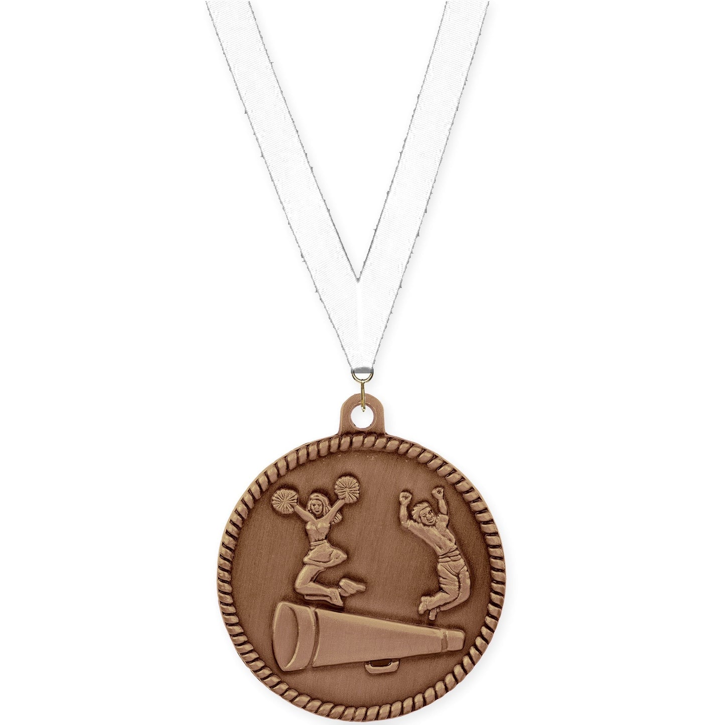 2 inch cheerleading High Relief medal in antique bronze with White neck ribbon