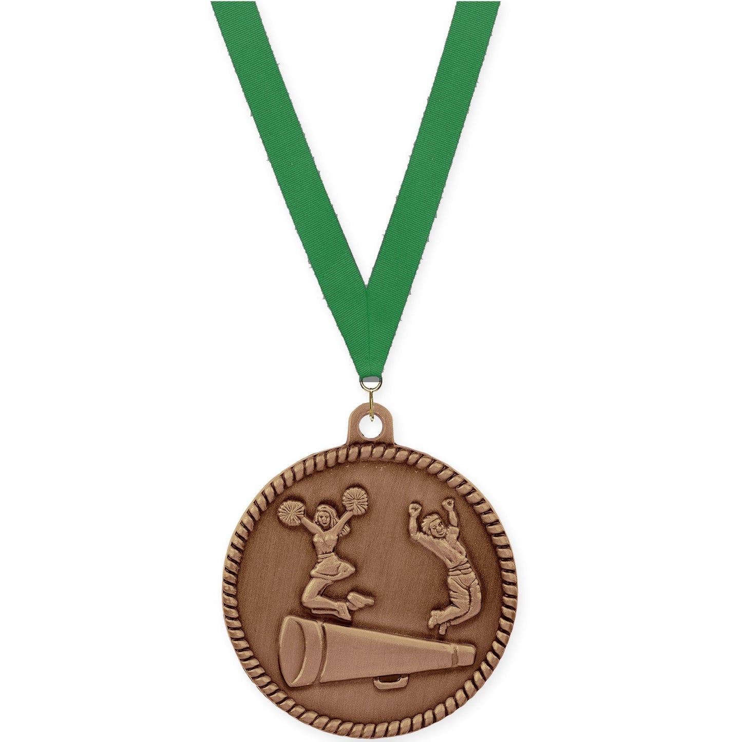 2 inch cheerleading High Relief medal in antique bronze with Green neck ribbon