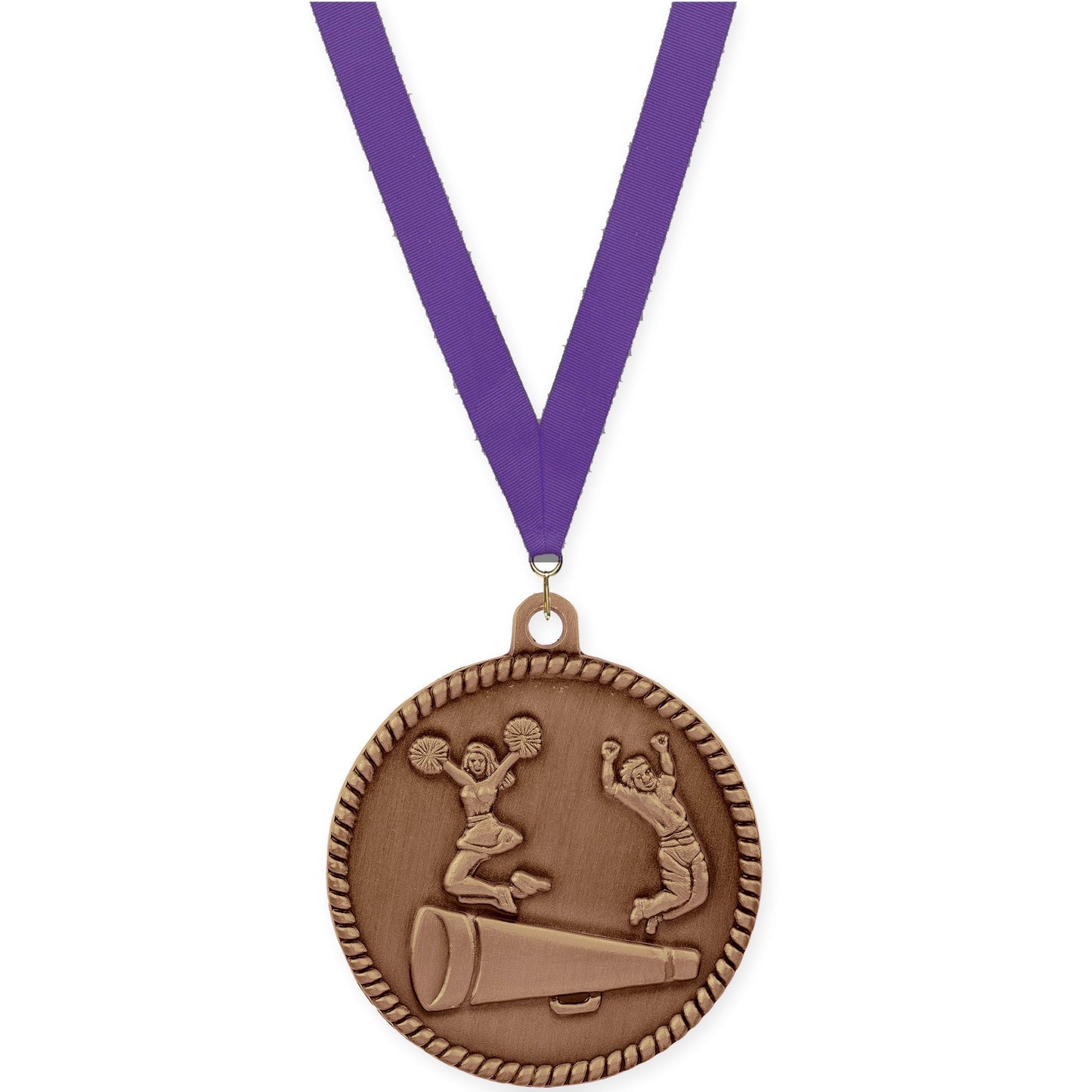 2 inch cheerleading High Relief medal in antique bronze with Purple neck ribbon