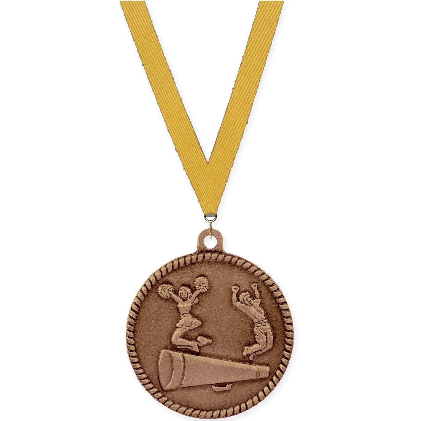 2 inch cheerleading High Relief medal in antique bronze with Gold neck ribbon