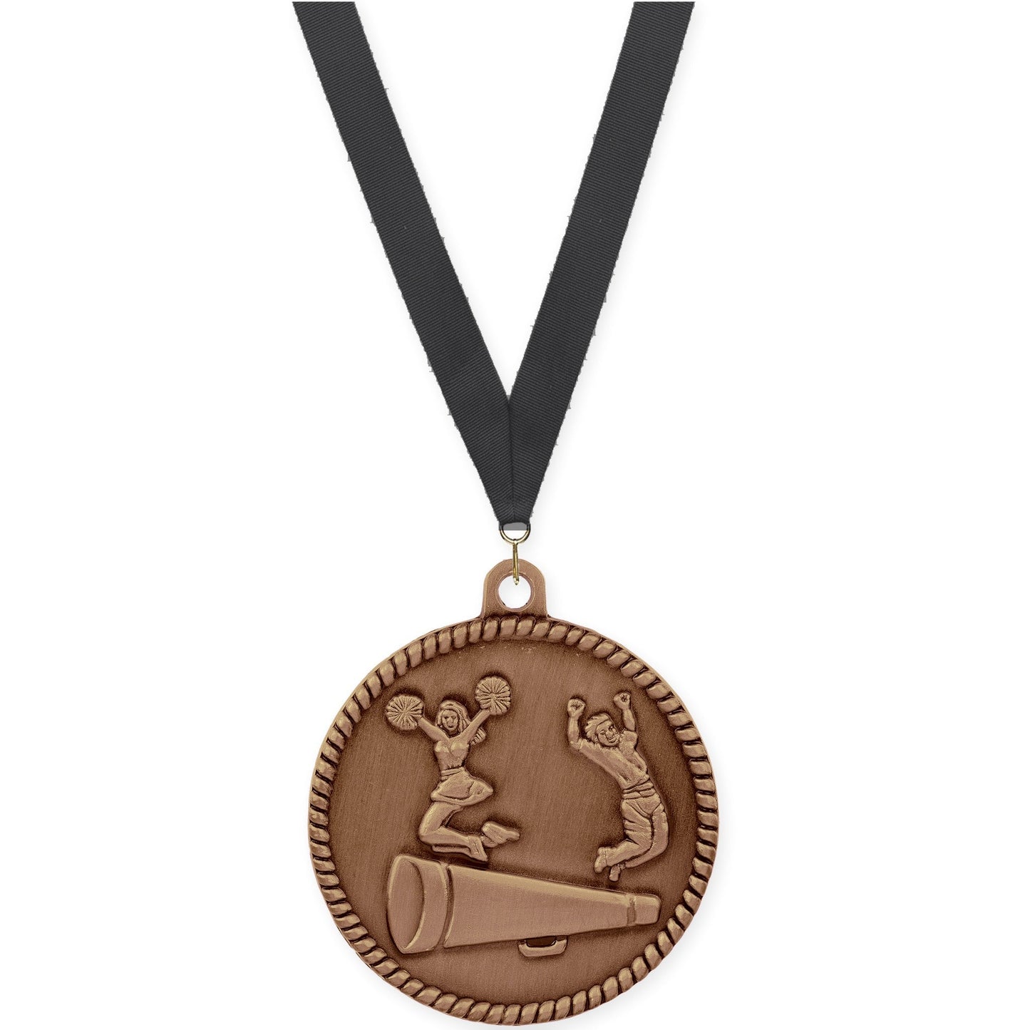 2 inch cheerleading High Relief medal in antique bronze with Black neck ribbon
