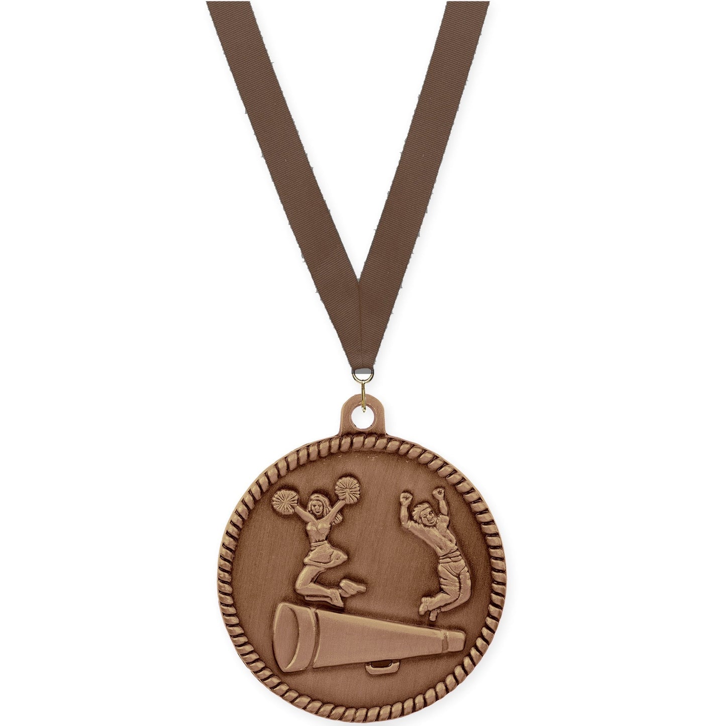2 inch cheerleading High Relief medal in antique bronze with Brown neck ribbon