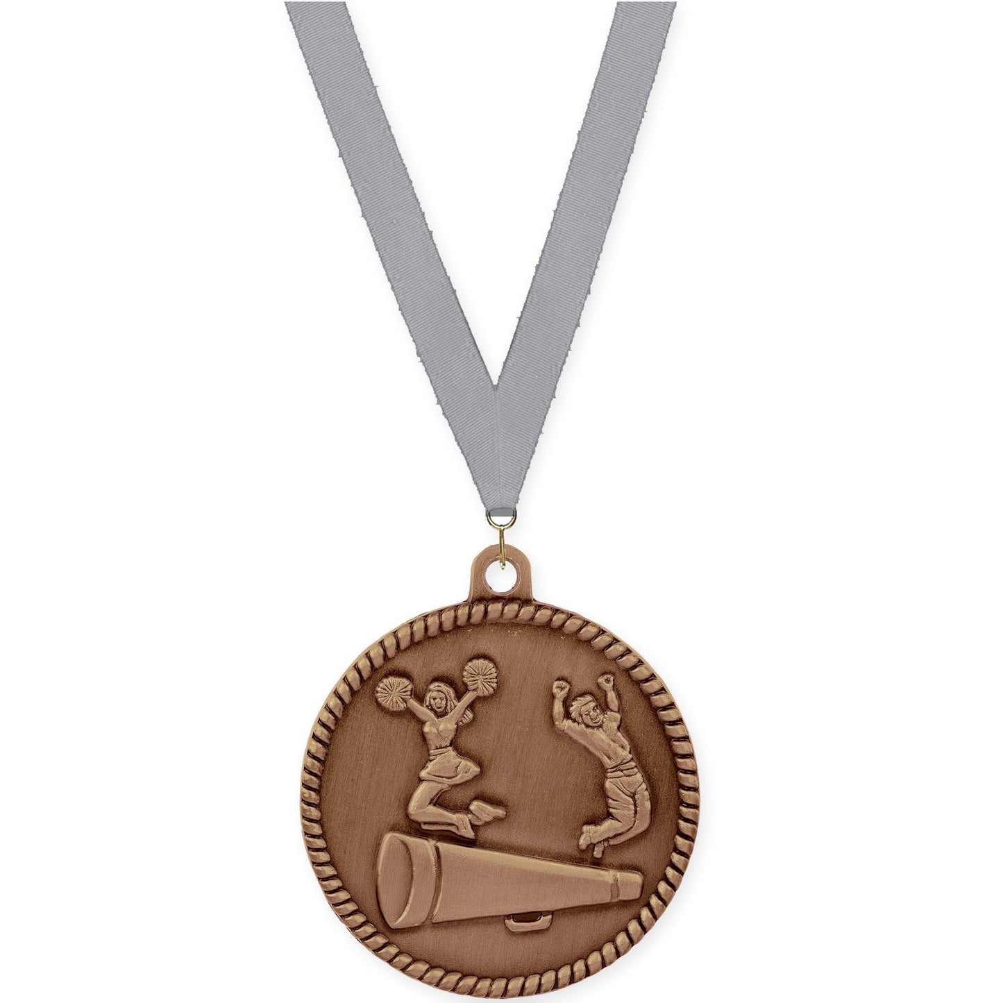 2 inch cheerleading High Relief medal in antique bronze with Gray neck ribbon