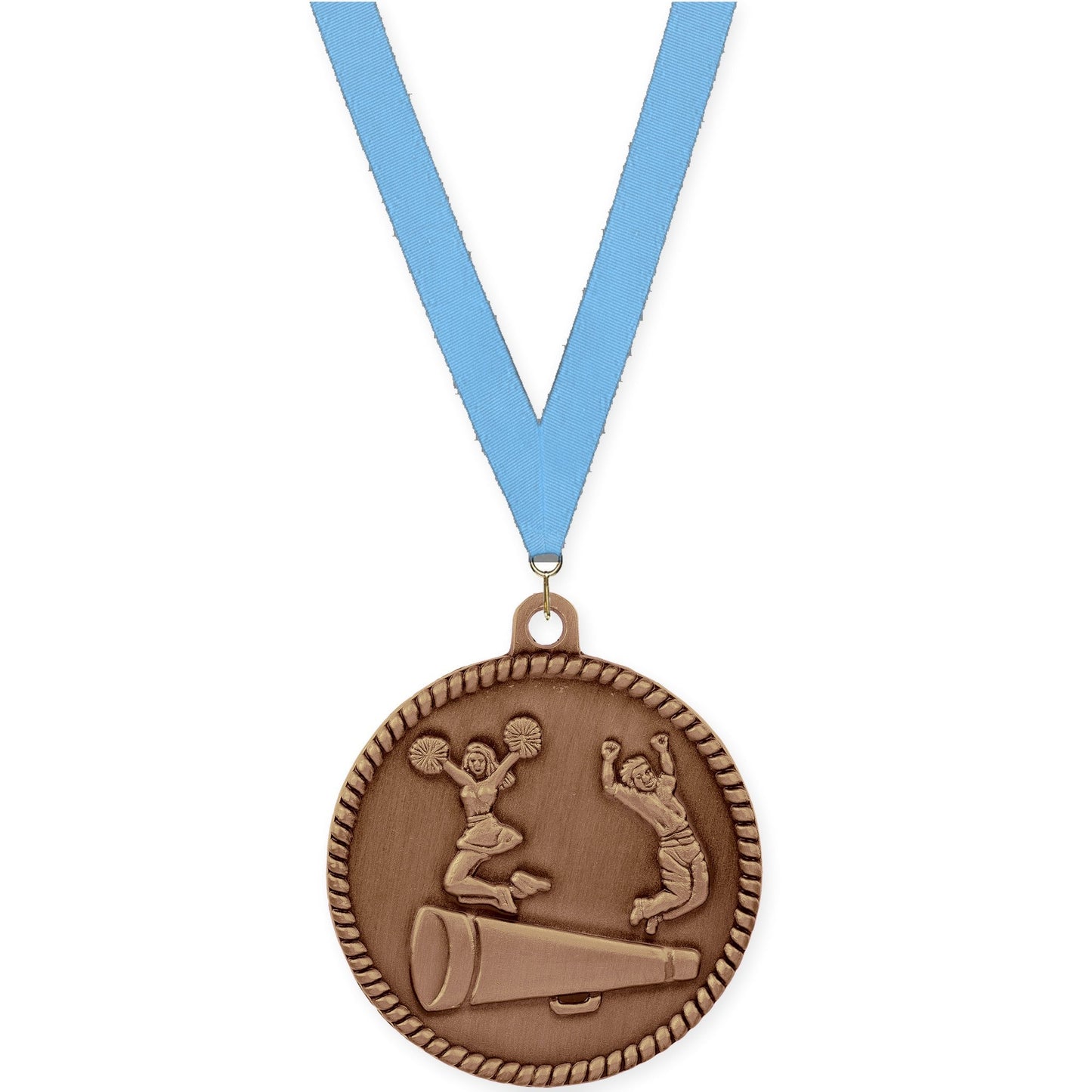 2 inch cheerleading High Relief medal in antique bronze with Light Blue neck ribbon