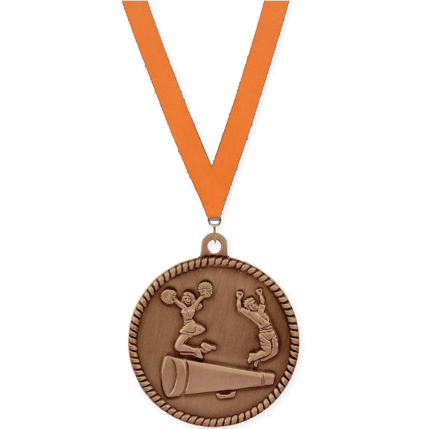 2 inch cheerleading High Relief medal in antique bronze with Orange neck ribbon
