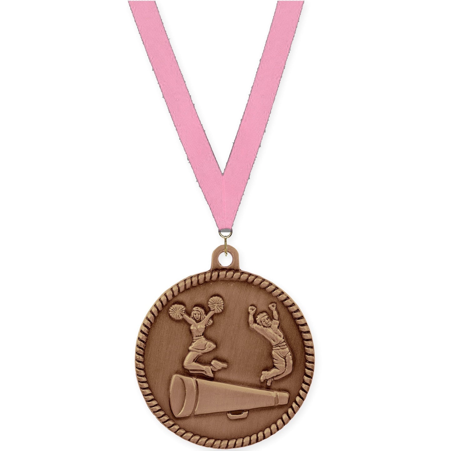 2 inch cheerleading High Relief medal in antique bronze with Pink neck ribbon