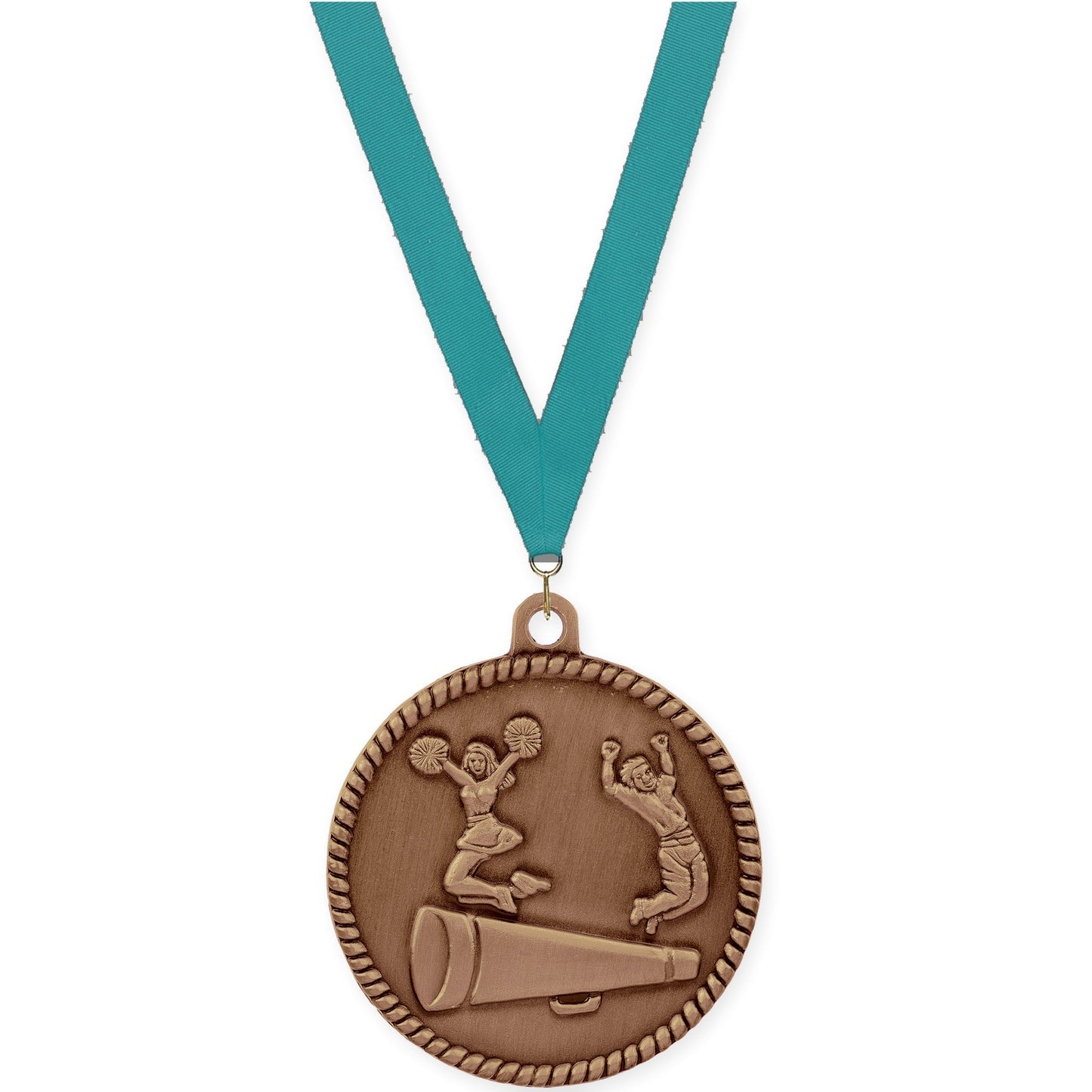 2 inch cheerleading High Relief medal in antique bronze with Teal neck ribbon