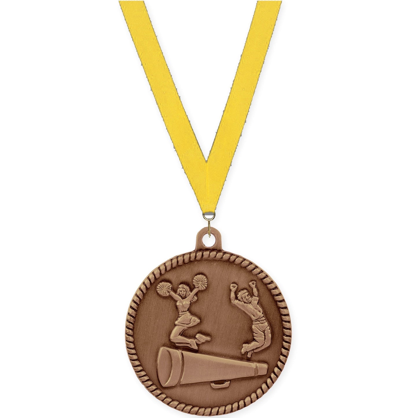 2 inch cheerleading High Relief medal in antique bronze with Yellow neck ribbon