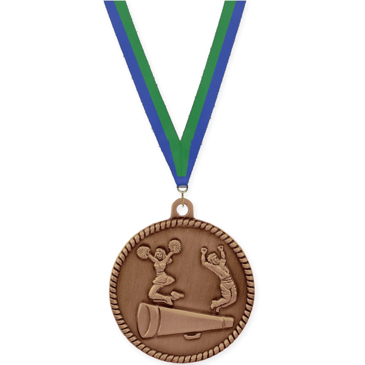 2 inch cheerleading High Relief medal in antique bronze with Blue Green neck ribbon
