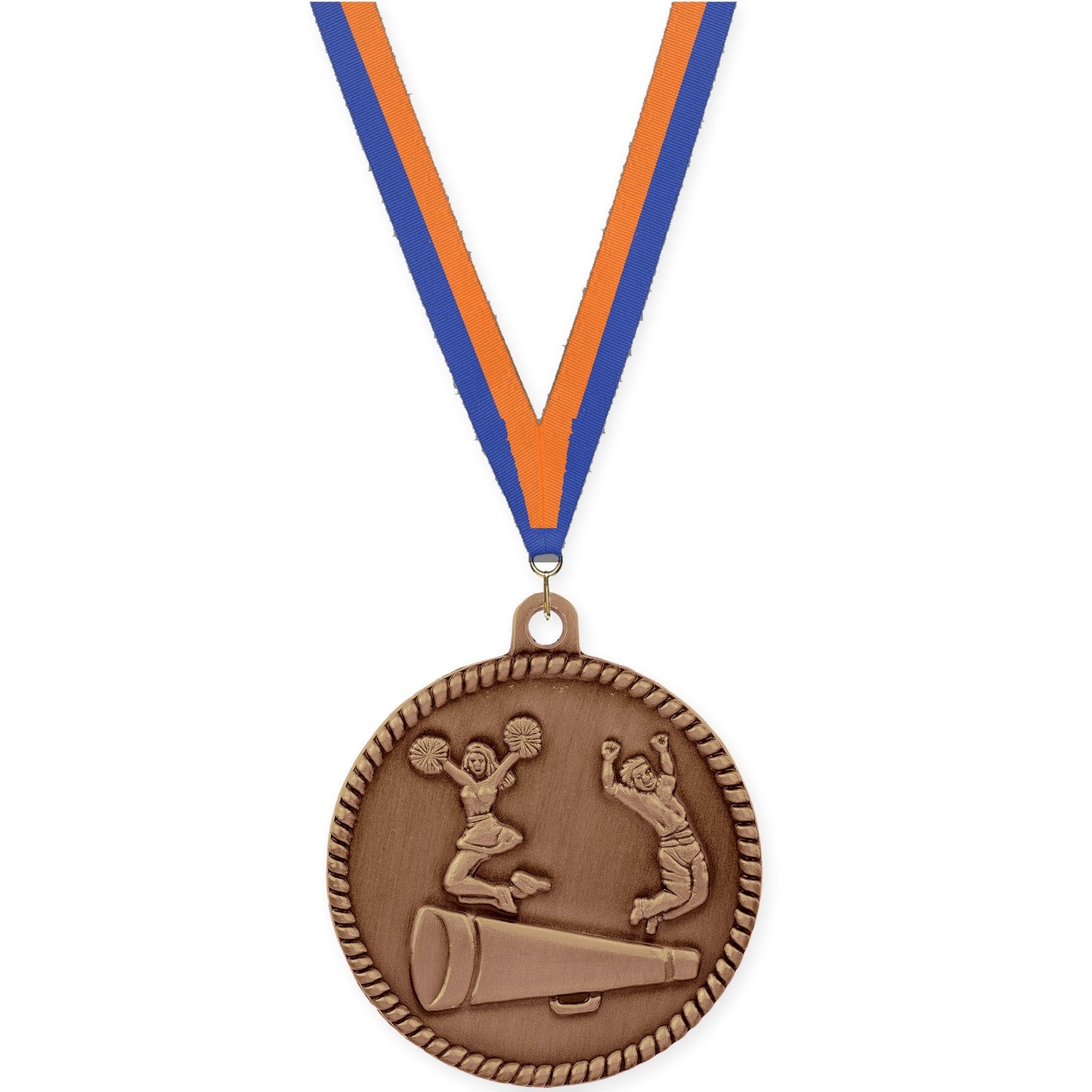 2 inch cheerleading High Relief medal in antique bronze with Blue Orange neck ribbon