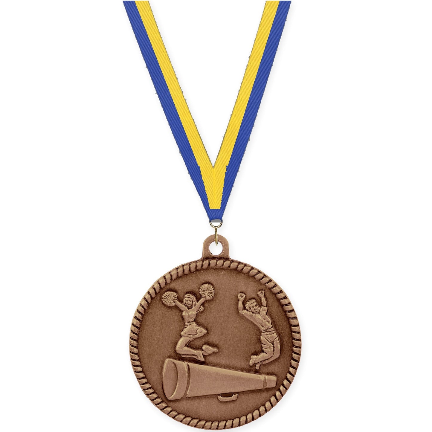 2 inch cheerleading High Relief medal in antique bronze with Blue Yellow neck ribbon