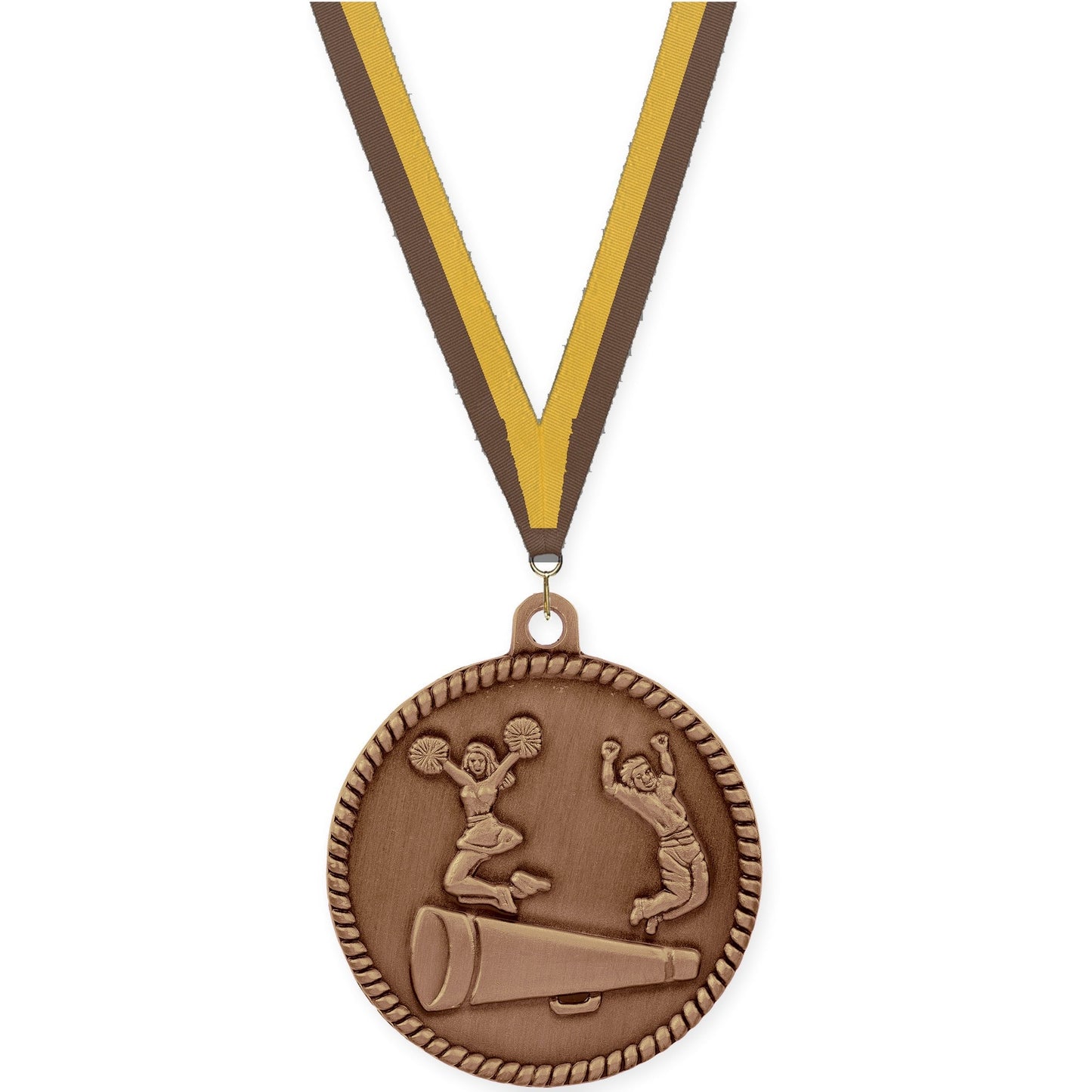 2 inch cheerleading High Relief medal in antique bronze with Brown Gold neck ribbon