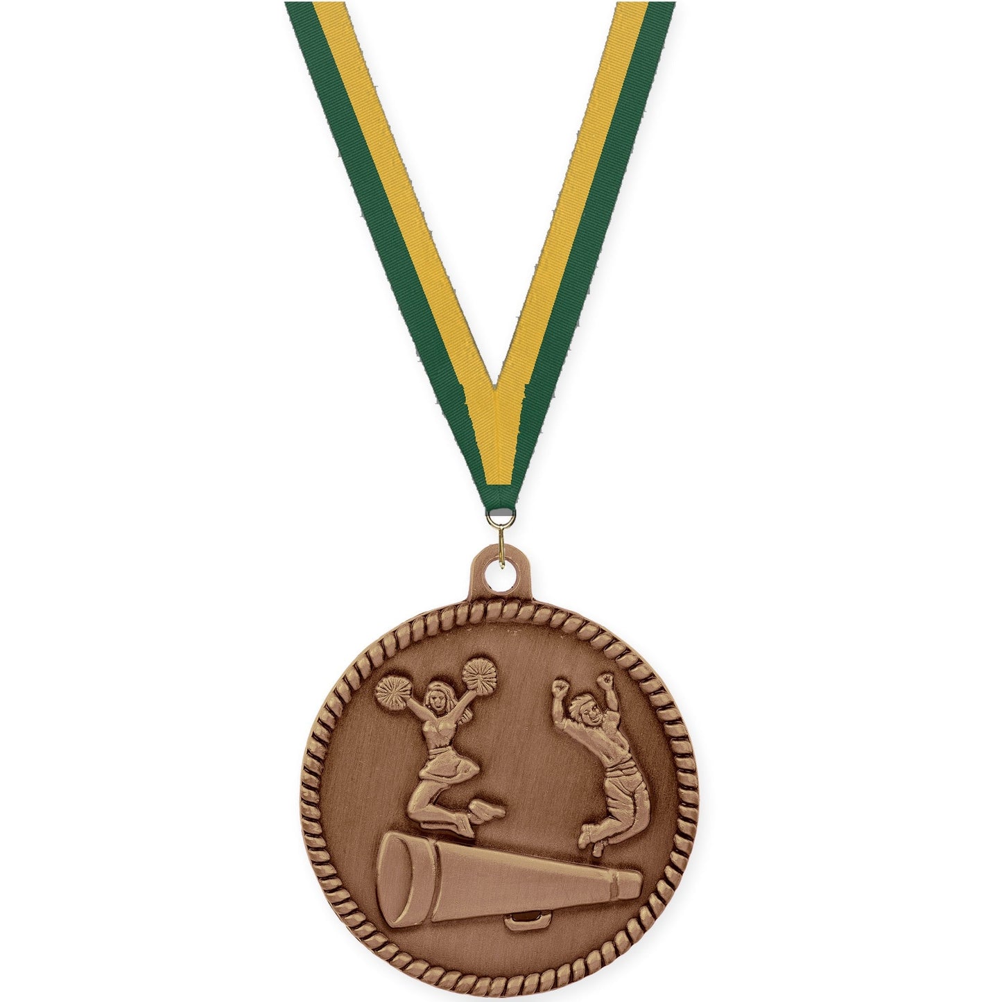2 inch cheerleading High Relief medal in antique bronze with Hunter Green Gold neck ribbon