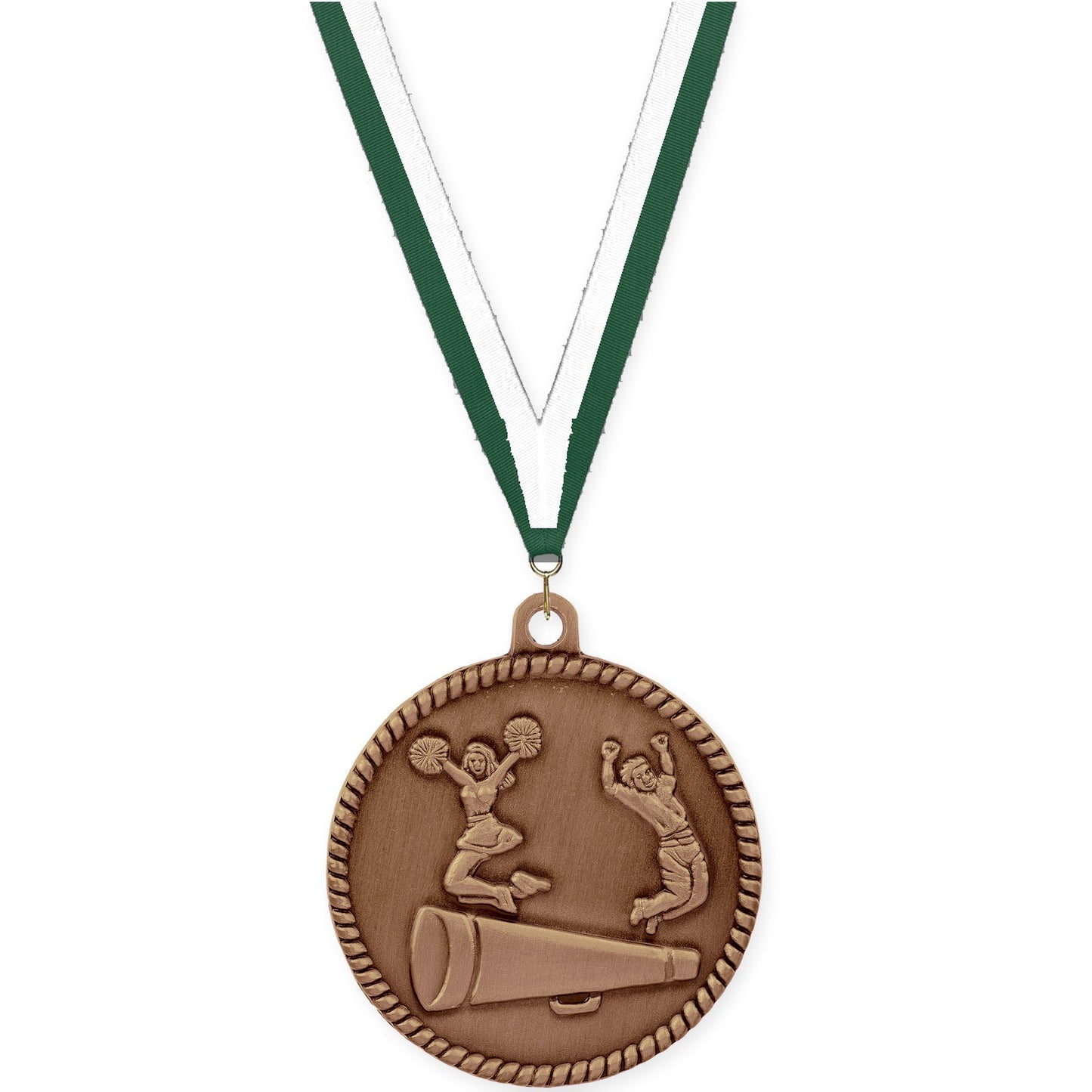 2 inch cheerleading High Relief medal in antique bronze with Hunter Green White neck ribbon